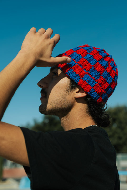 Checkered Beanie: Red and Blue