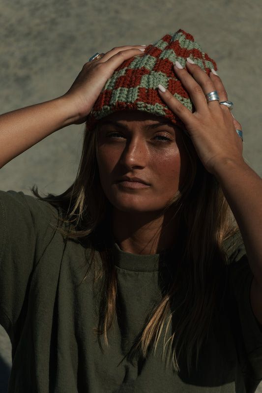 Checkered Beanie: Clay and Olive