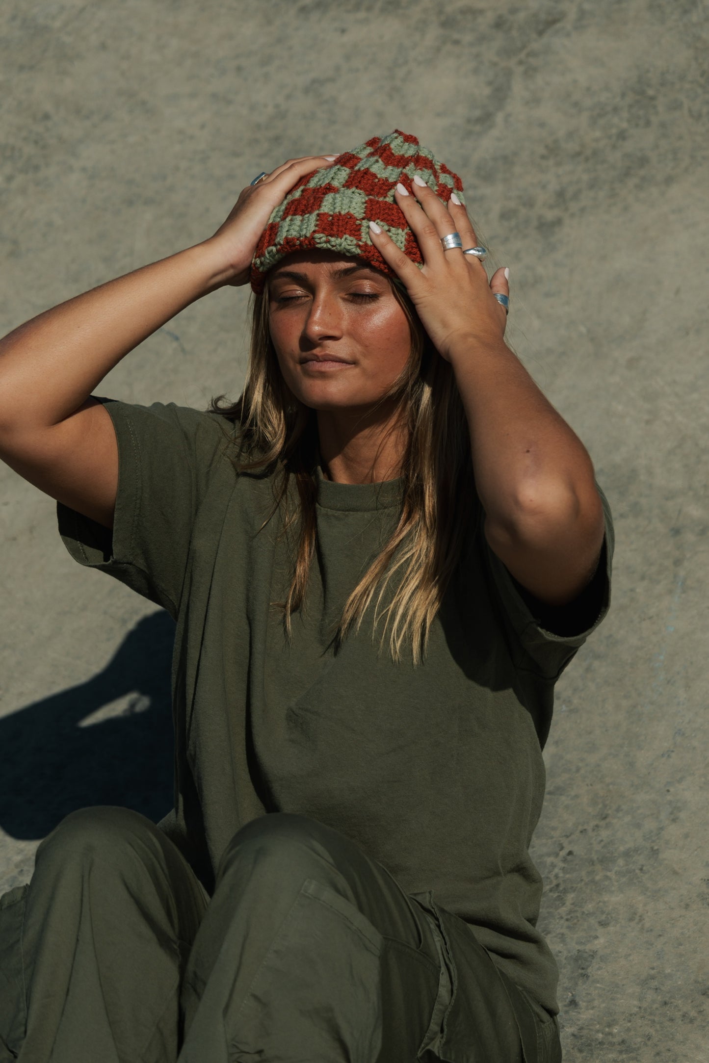 Checkered Beanie: Clay and Olive