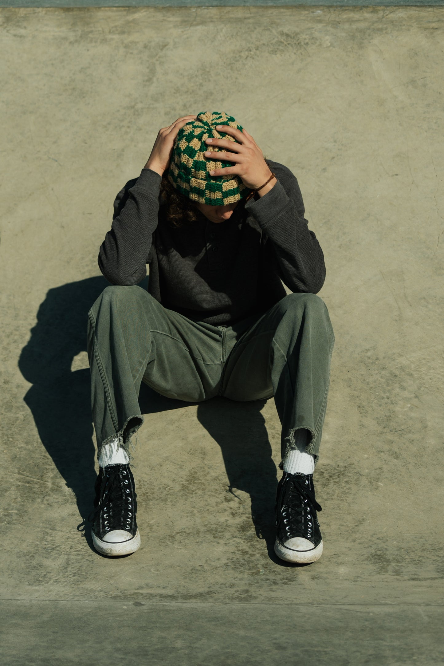 Checkered Beanie: Green and Tan