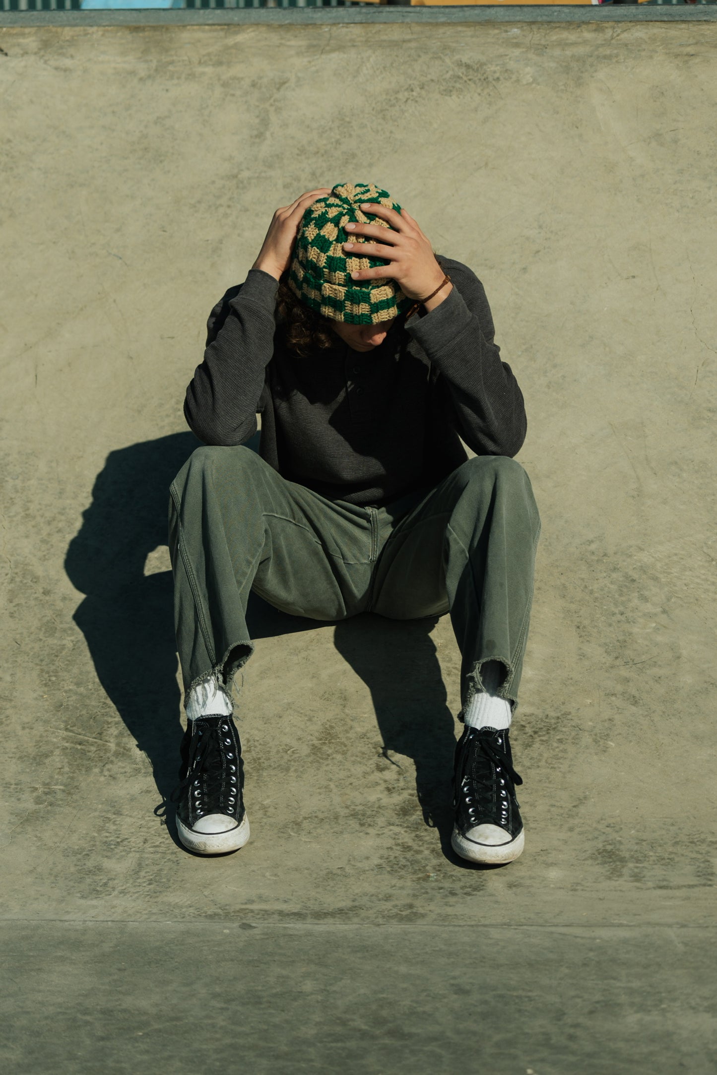 Checkered Beanie: Green and Tan